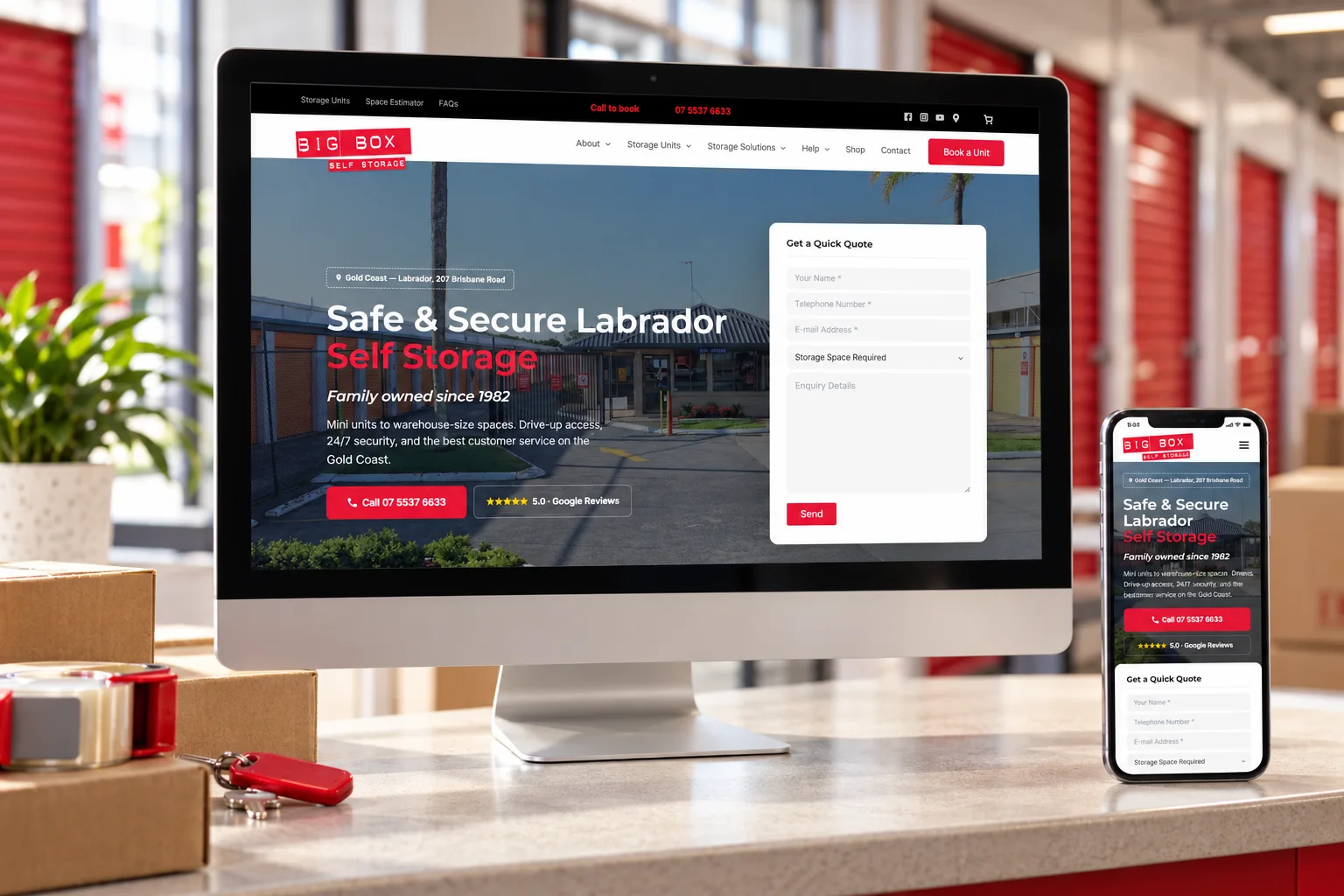 Big Box Self Storage website shown on desktop and mobile