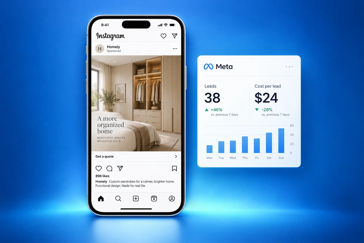 Meta Ads illustrative platform interface with sample analytics or content cards