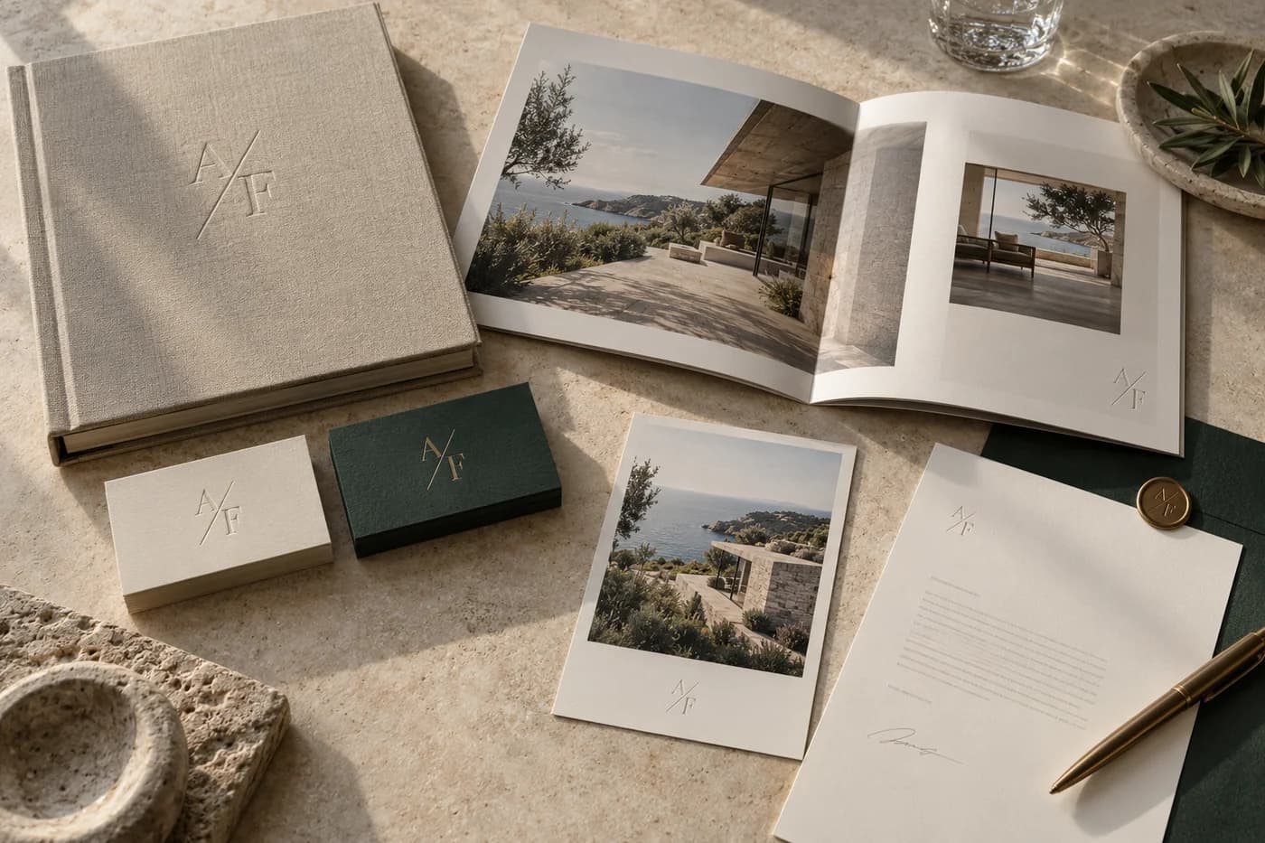 Alder and Form brand mockup with an embossed brand book, architectural brochure, forest green and ivory business cards, stationery and print materials