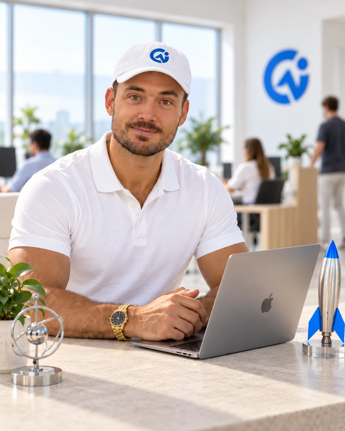 Clayton Hackett working at his laptop, wearing a white cap with the Goober symbol