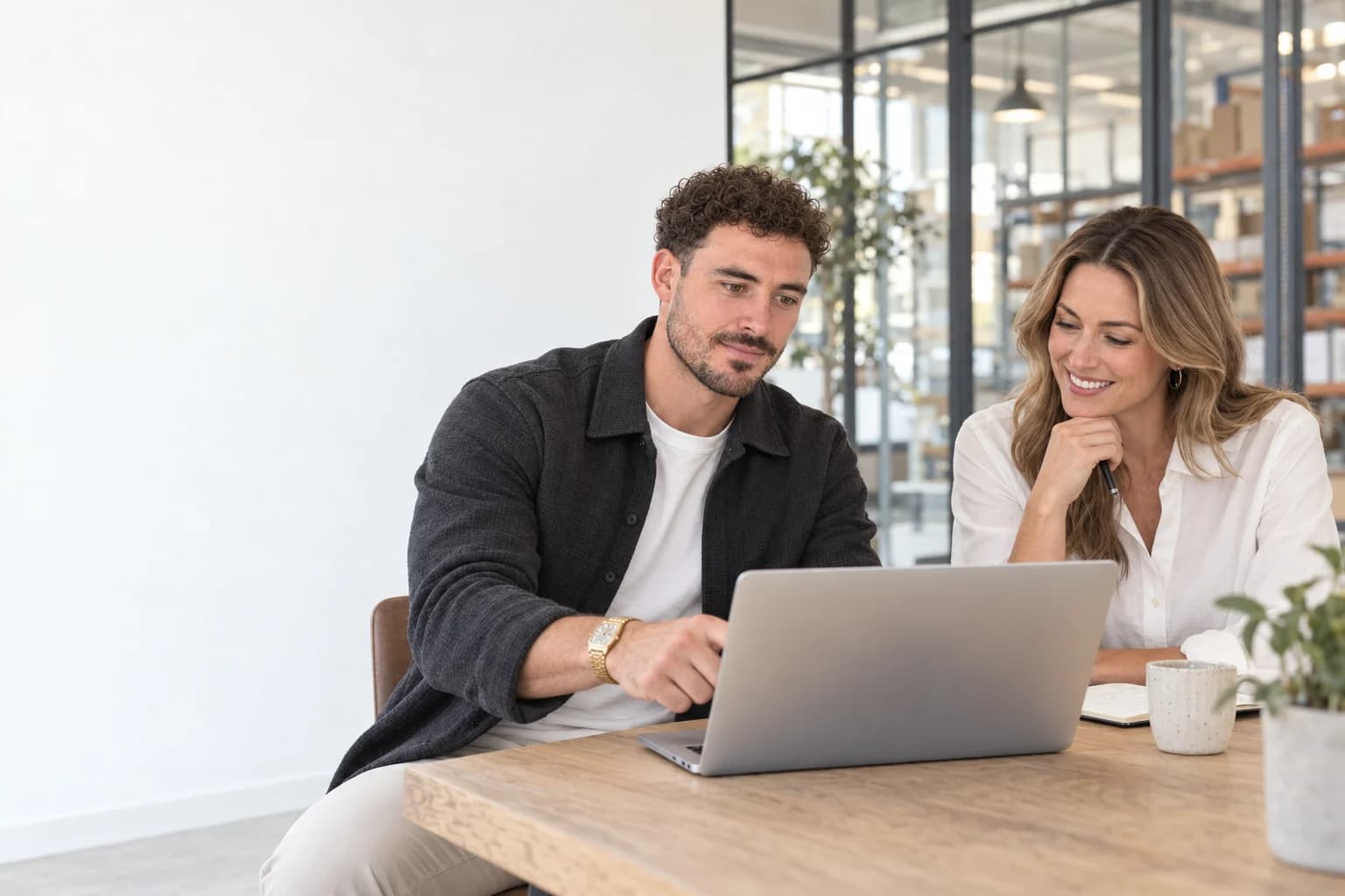 Illustrative scene of Clayton working through a website with a business owner in a warehouse office