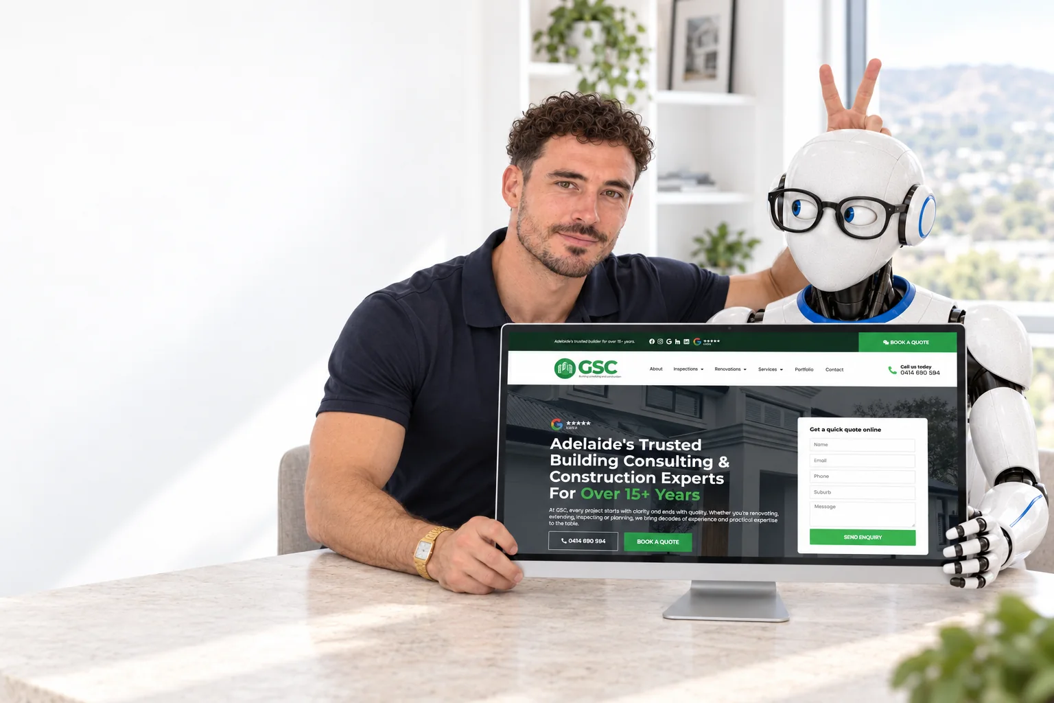 Clayton and GooberBot hold the GSC website screen towards the viewer. Clayton smirks with a peace sign behind the robot’s head as GooberBot glances at him.